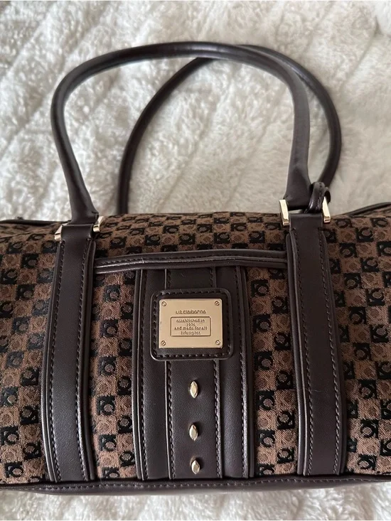 Liz Claiborne Brown Patterned Shoulder Satchel with Dark Trim - Picture 2 of 10